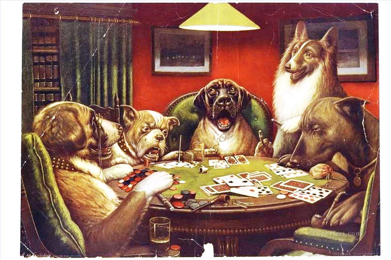 Animal acting human Dogs playing cards facetious humor pets Oil Paintings